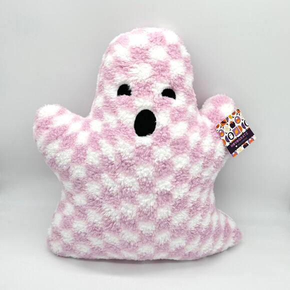 Novogratz Checkered Ghost Shaped Halloween Pillow Pink & White Checkerboard New - Picture 1 of 3